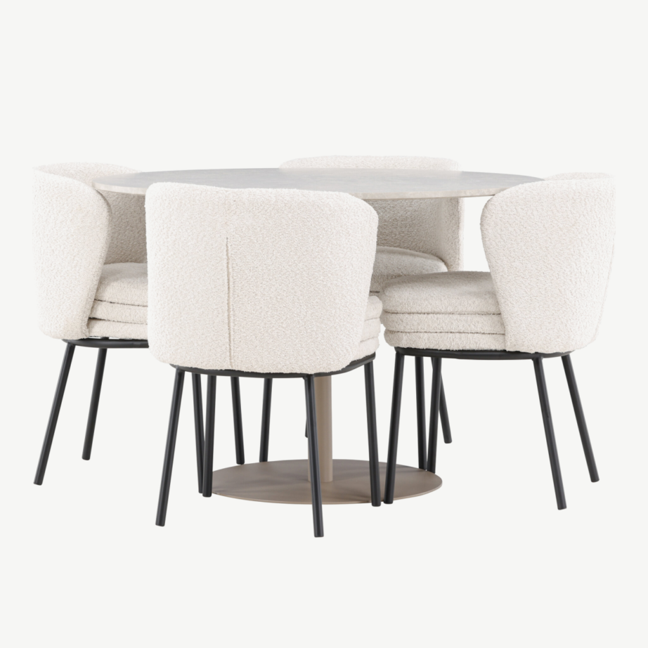 Ümmargune beež söögilaud Lycke ja 4 valget buklee-tugitooli Agnes, GR24381 – 6