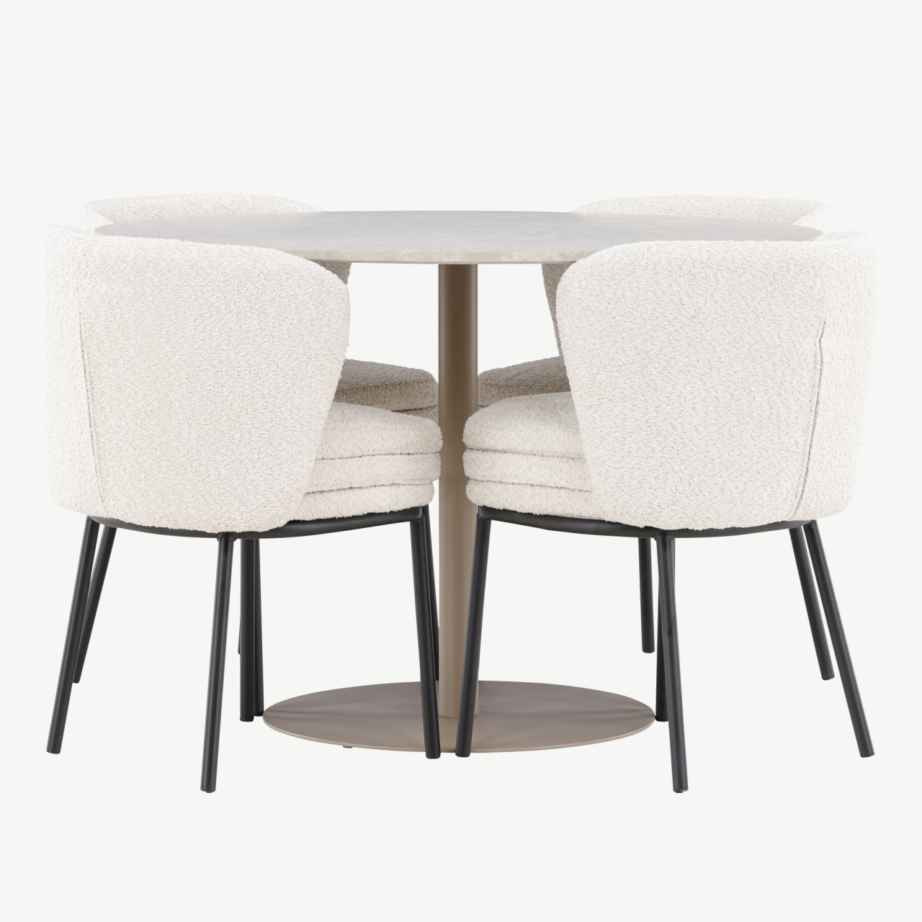 Ümmargune beež söögilaud Lycke ja 4 valget buklee-tugitooli Agnes, GR24381 – 7