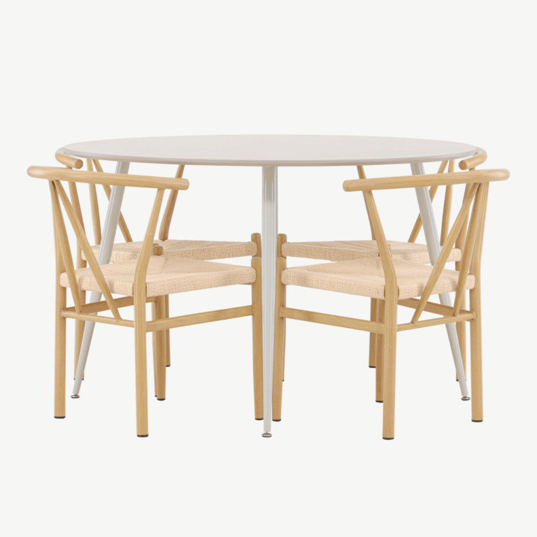 Ümmargune beež söögilaud Plaza ja 4 Alfons tooli (MDF, rattanistmega, Ø120 cm) - GR24402