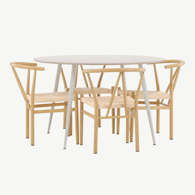 Ümmargune beež söögilaud Plaza ja 4 Alfons tooli (MDF, rattanistmega, Ø120 cm) - GR24402
