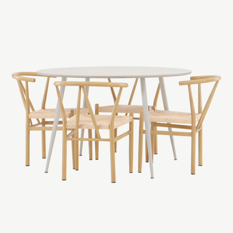 Ümmargune beež söögilaud Plaza ja 4 Alfons tooli (MDF, rattanistmega, Ø120 cm) - GR24402