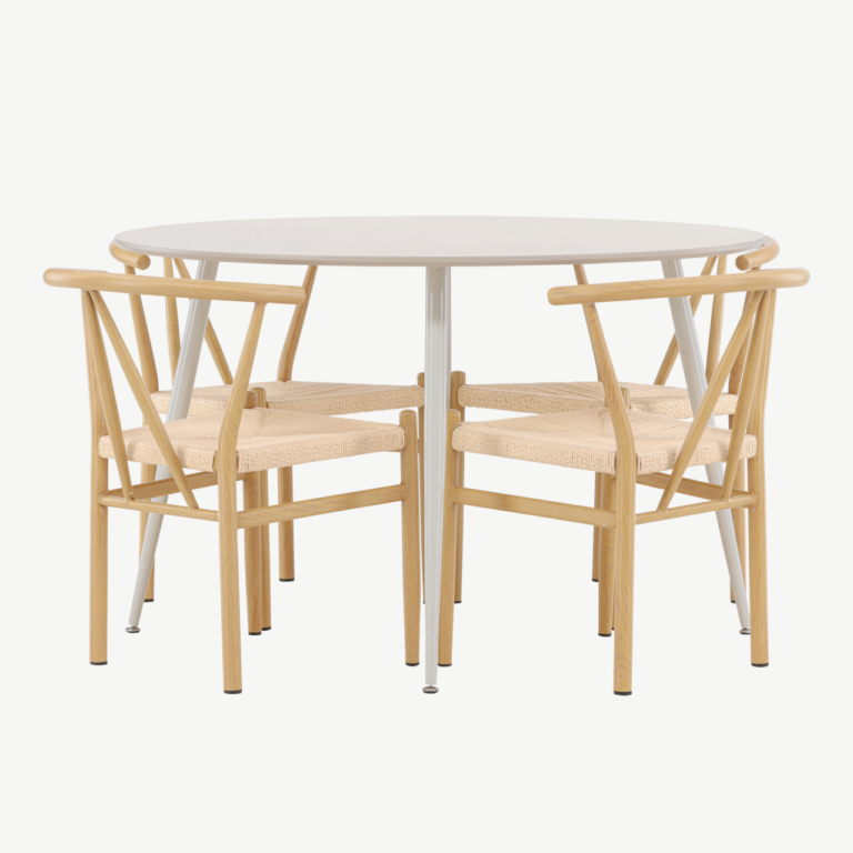 Ümmargune beež söögilaud Plaza ja 4 Alfons tooli (MDF, rattanistmega, Ø120 cm) - GR24402