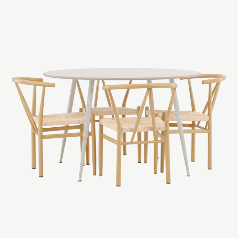 Ümmargune beež söögilaud Plaza ja 4 Alfons tooli (MDF, rattanistmega, Ø120 cm) - GR24402