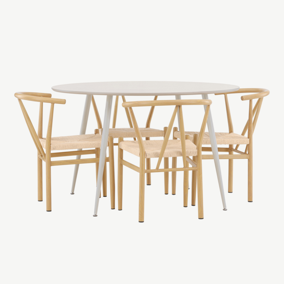 Ümmargune beež söögilaud Plaza ja 4 Alfons tooli (MDF, rattanistmega, Ø120 cm), GR24402