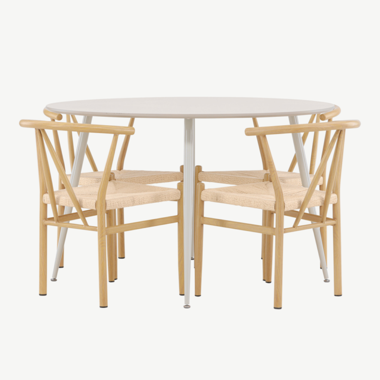 Ümmargune beež söögilaud Plaza ja 4 Alfons tooli (MDF, rattanistmega, Ø120 cm) - GR24402