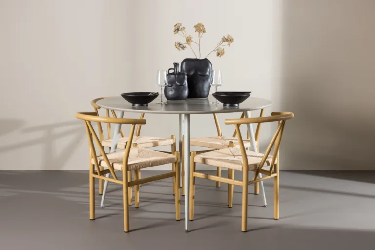 Ümmargune beež söögilaud Plaza ja 4 Alfons tooli (MDF, rattanistmega, Ø120 cm) - GR24402