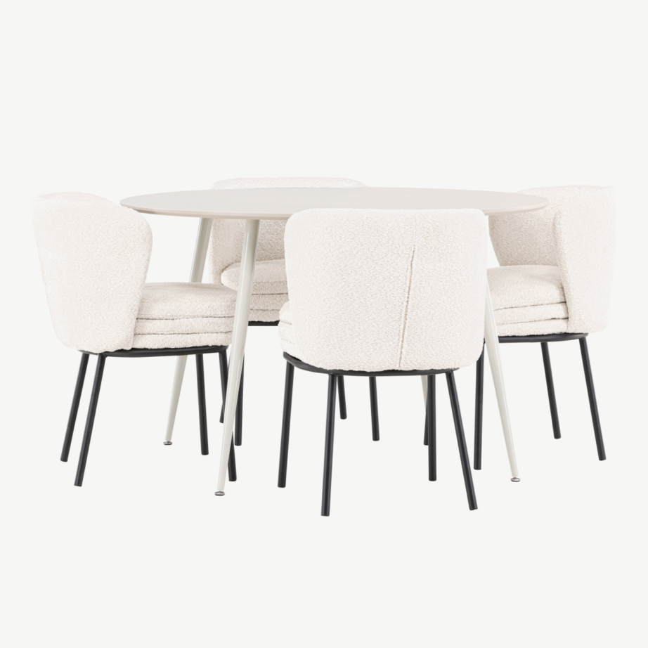 Ümmargune beež söögilaud Plaza koos nelja valge buklee tooliga Agnes, GR24405