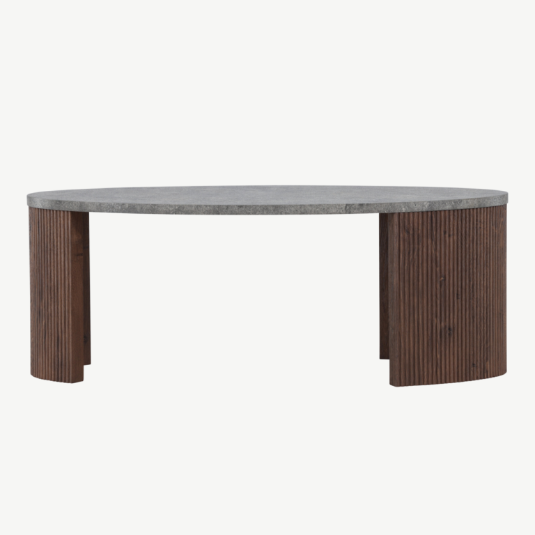 Ümmargune diivanilaud halli plaadiga ja mokkavärvi soonelise alusega (Bristol, 120 × 60 × 45 cm) - 62055-125