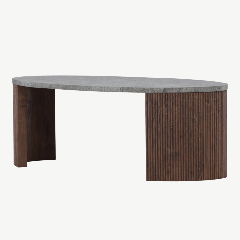 Ümmargune diivanilaud halli plaadiga ja mokkavärvi soonelise alusega (Bristol, 120 × 60 × 45 cm) - 62055-125