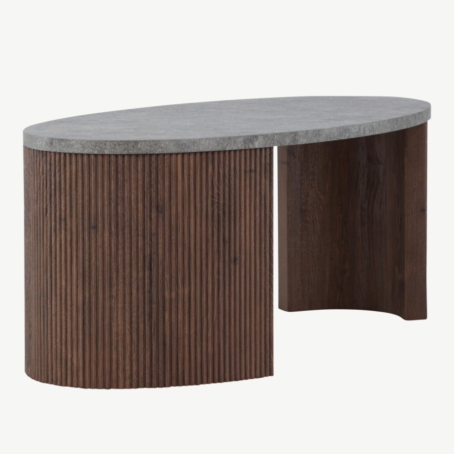 Ümmargune diivanilaud halli plaadiga ja mokkavärvi soonelise alusega (Bristol, 120 × 60 × 45 cm), 62055-125 – 2