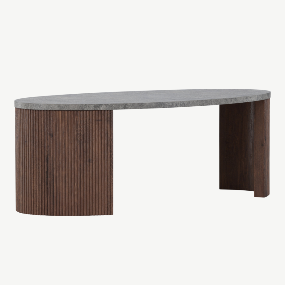 Ümmargune diivanilaud halli plaadiga ja mokkavärvi soonelise alusega (Bristol, 120 × 60 × 45 cm), 62055-125 – 3