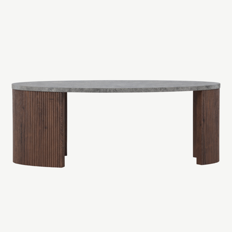 Ümmargune diivanilaud halli plaadiga ja mokkavärvi soonelise alusega (Bristol, 120 × 60 × 45 cm) - 62055-125