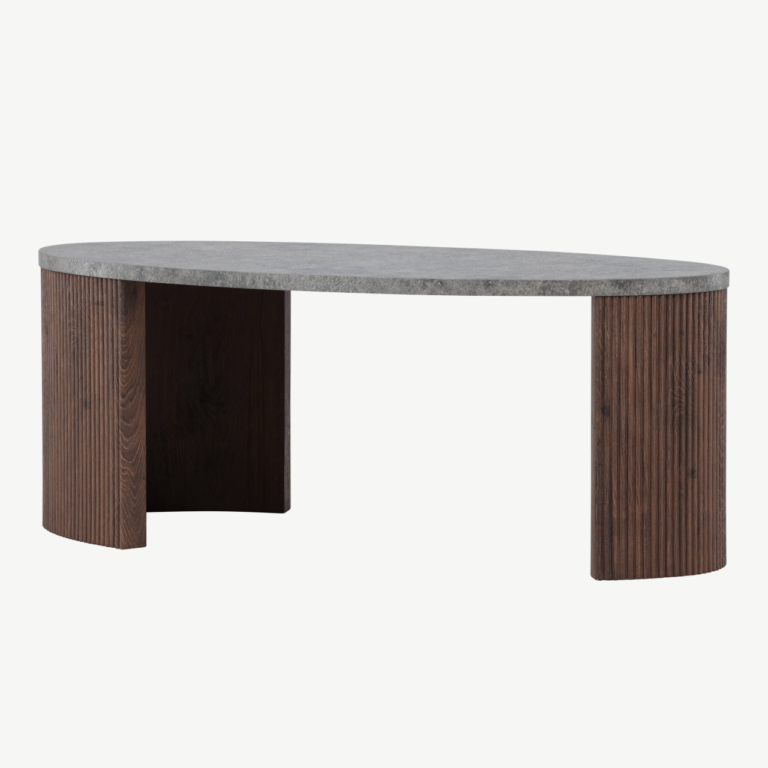 Ümmargune diivanilaud halli plaadiga ja mokkavärvi soonelise alusega (Bristol, 120 × 60 × 45 cm) - 62055-125