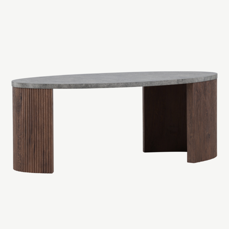 Ümmargune diivanilaud halli plaadiga ja mokkavärvi soonelise alusega (Bristol, 120 × 60 × 45 cm) - 62055-125