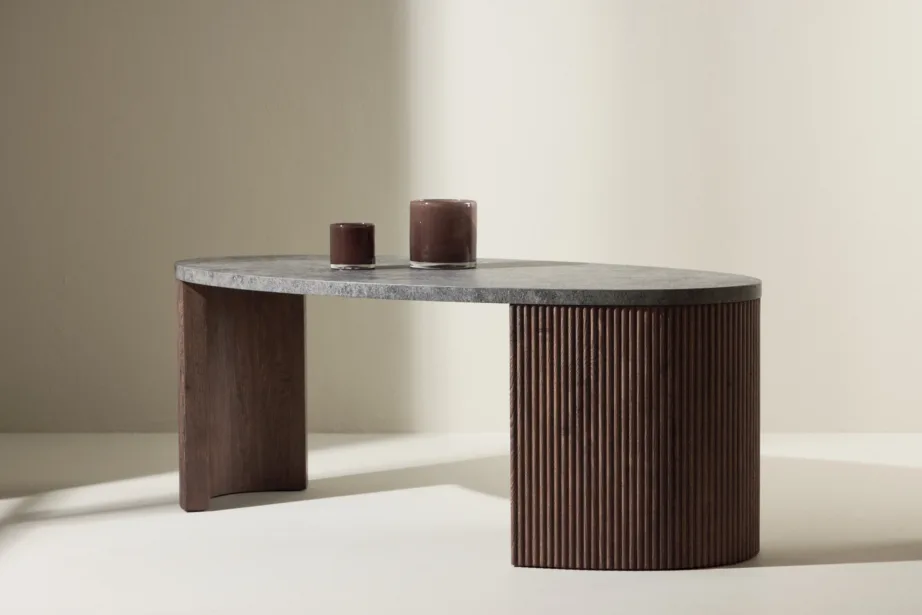 Ümmargune diivanilaud halli plaadiga ja mokkavärvi soonelise alusega (Bristol, 120 × 60 × 45 cm), 62055-125 – 13