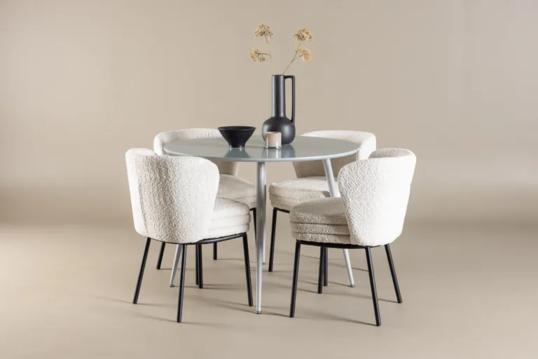 Ümmargune hall MDF söögilaud Plaza ja 4 valgest bukleest tooli Agnes - GR24370