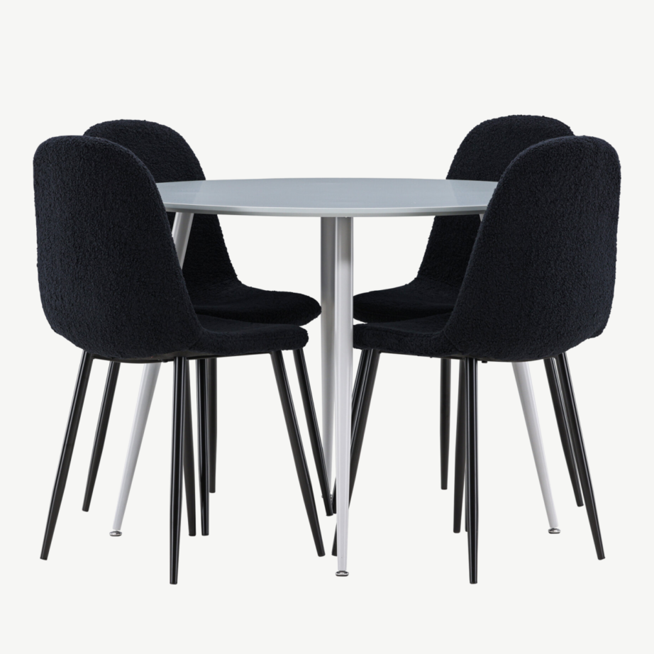 Ümmargune hall söögilauakomplekt Plaza nelja musta Polar tooliga (MDF, buklee kangas), GR24368 – 2