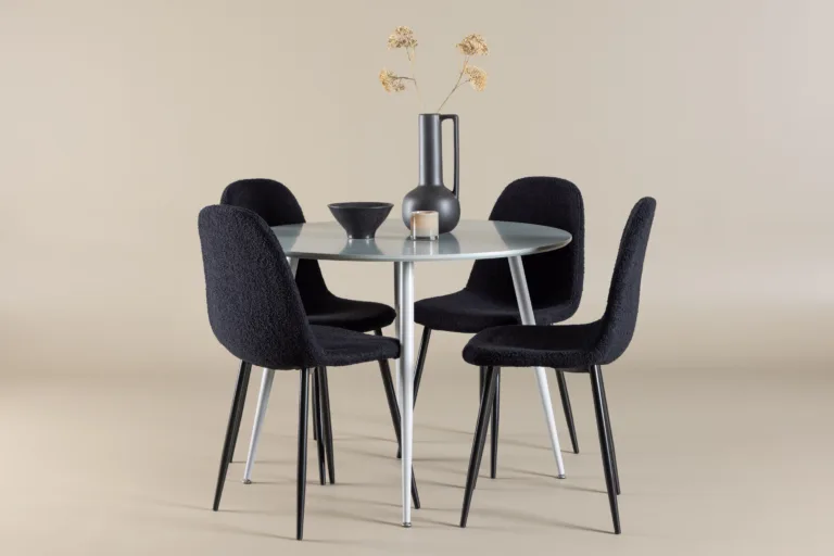 Ümmargune hall söögilauakomplekt Plaza nelja musta Polar tooliga (MDF, buklee kangas) - GR24368