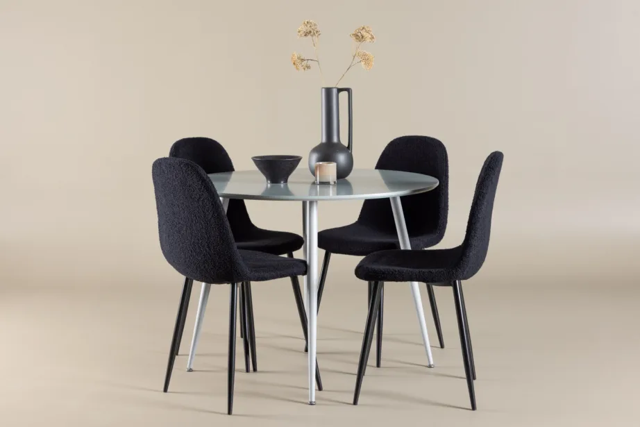 Ümmargune hall söögilauakomplekt Plaza nelja musta Polar tooliga (MDF, buklee kangas), GR24368 – 8