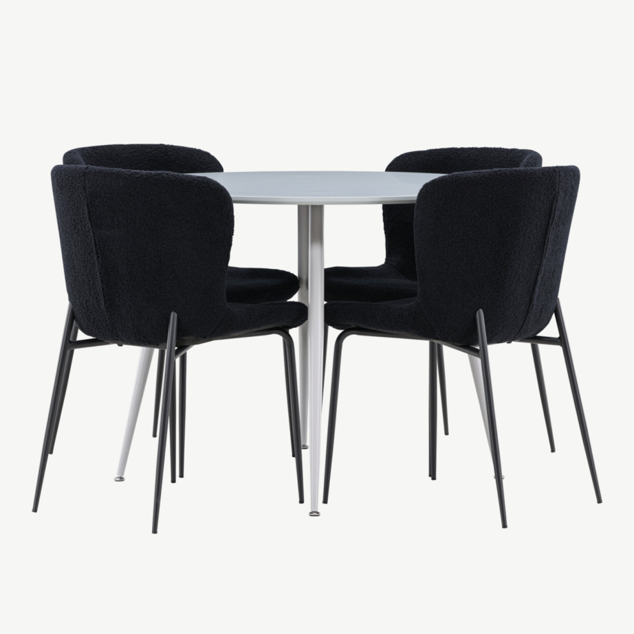 Ümmargune hall söögilaud Plaza ja 4 musta buklee tooli Modesto, GR24369 – 2