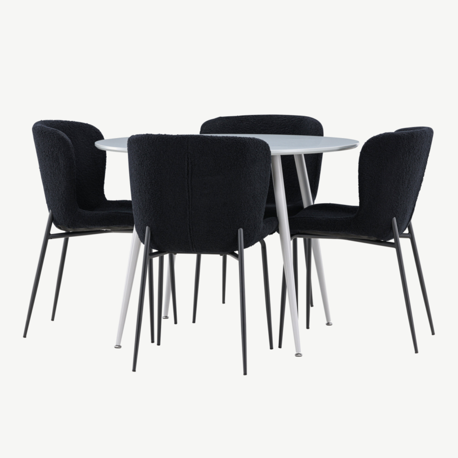 Ümmargune hall söögilaud Plaza ja 4 musta buklee tooli Modesto, GR24369 – 4