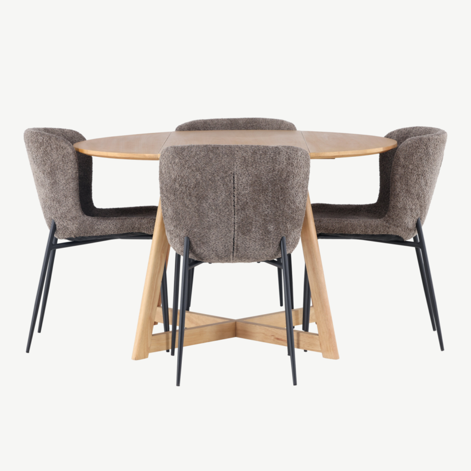 Ümmargune kummipuust söögilaud Yakidon ja polsterdatud tumehall Modesto tool, GR23883 – 2