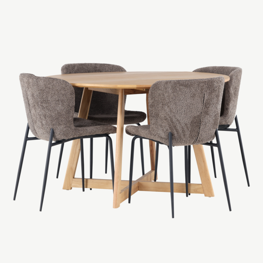 Ümmargune kummipuust söögilaud Yakidon ja polsterdatud tumehall Modesto tool, GR23883