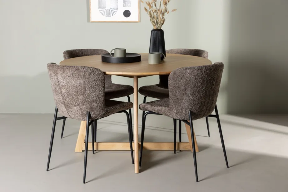 Ümmargune kummipuust söögilaud Yakidon ja polsterdatud tumehall Modesto tool, GR23883 – 4