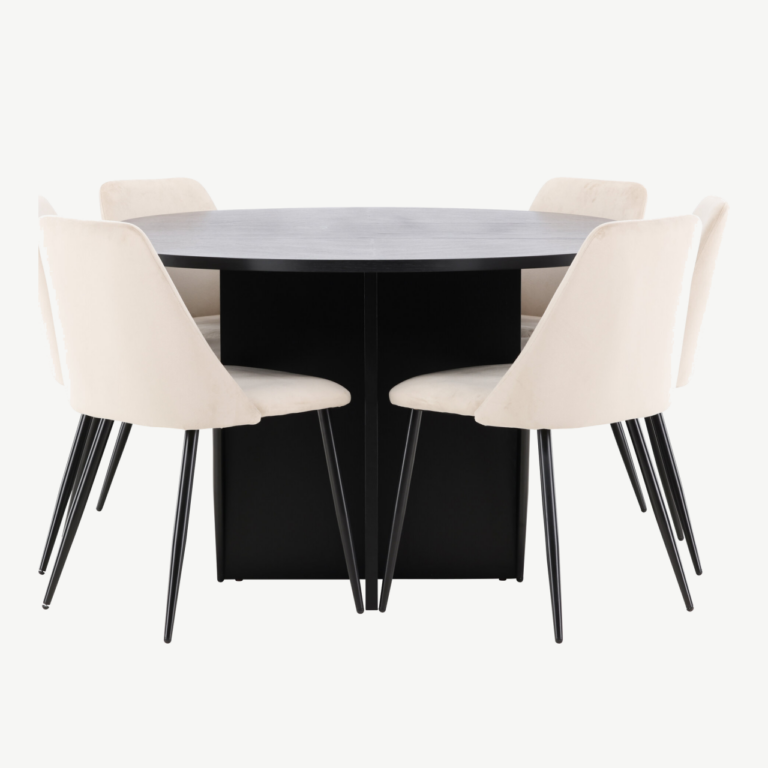 Ümmargune laiendatav must söögilauakomplekt Strada, 120/170 cm, koos 6 beeži velvetkattega Night tooliga - GR24730