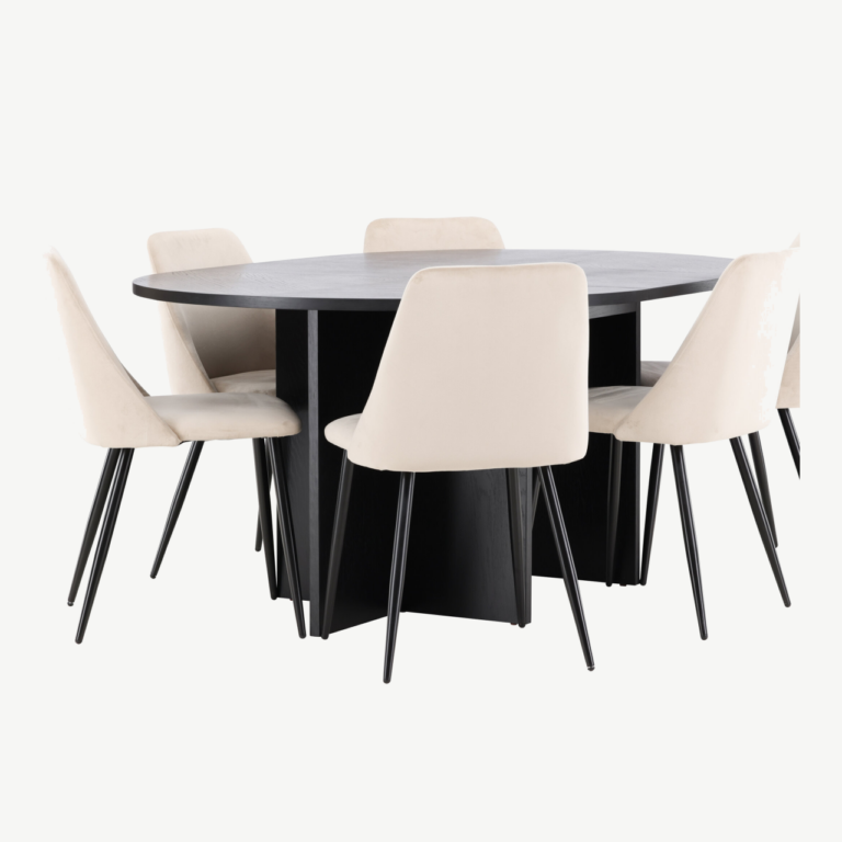 Ümmargune laiendatav must söögilauakomplekt Strada, 120/170 cm, koos 6 beeži velvetkattega Night tooliga - GR24730