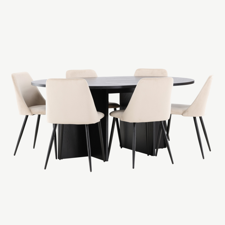 Ümmargune laiendatav must söögilauakomplekt Strada, 120/170 cm, koos 6 beeži velvetkattega Night tooliga, GR24730 – 3