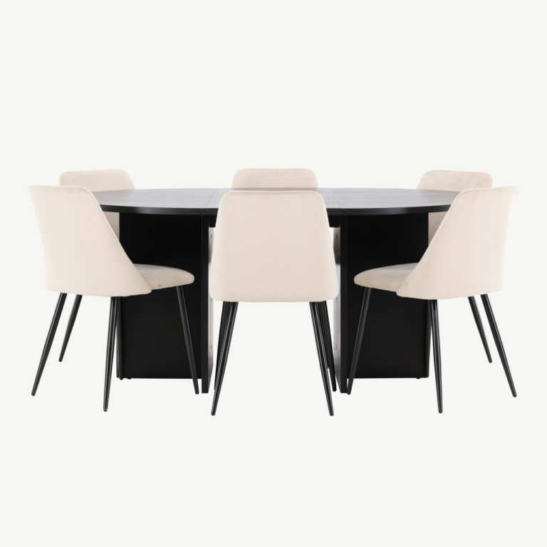 Ümmargune laiendatav must söögilauakomplekt Strada, 120/170 cm, koos 6 beeži velvetkattega Night tooliga - GR24730