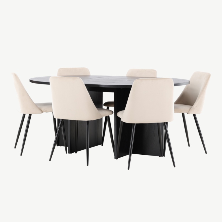 Ümmargune laiendatav must söögilauakomplekt Strada, 120/170 cm, koos 6 beeži velvetkattega Night tooliga - GR24730