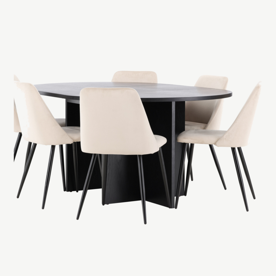Ümmargune laiendatav must söögilauakomplekt Strada, 120/170 cm, koos 6 beeži velvetkattega Night tooliga, GR24730 – 6
