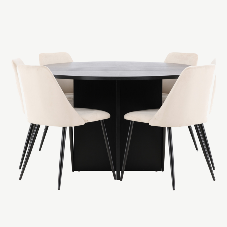 Ümmargune laiendatav must söögilauakomplekt Strada, 120/170 cm, koos 6 beeži velvetkattega Night tooliga - GR24730