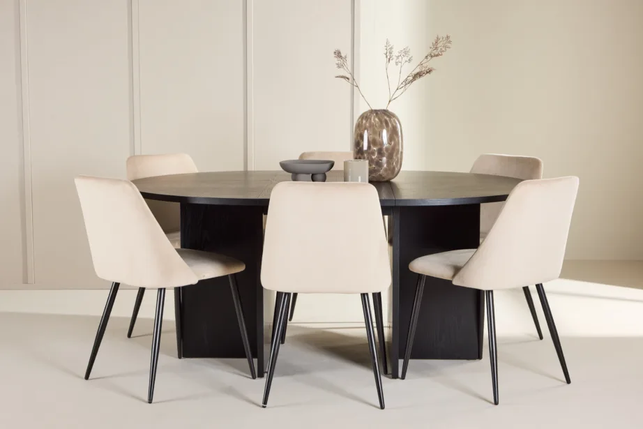 Ümmargune laiendatav must söögilauakomplekt Strada, 120/170 cm, koos 6 beeži velvetkattega Night tooliga, GR24730 – 8
