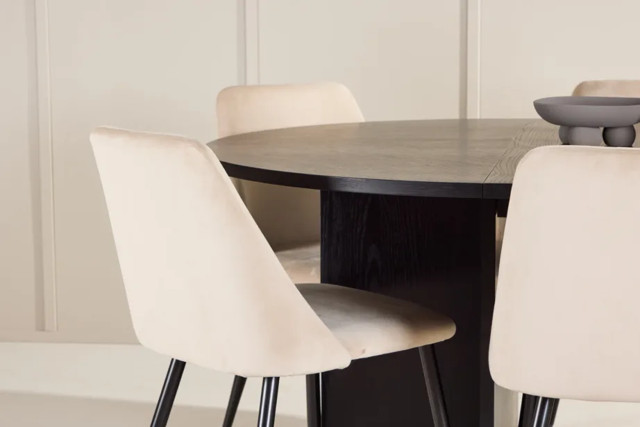 Ümmargune laiendatav must söögilauakomplekt Strada, 120/170 cm, koos 6 beeži velvetkattega Night tooliga, GR24730 – 9