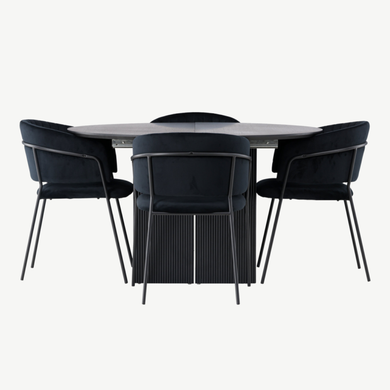 Ümmargune laiendatav söögilaud Matilda (must MDF, ø130cm) ja sametist söögitoolid Selma (must, 4 tk) - GR23537