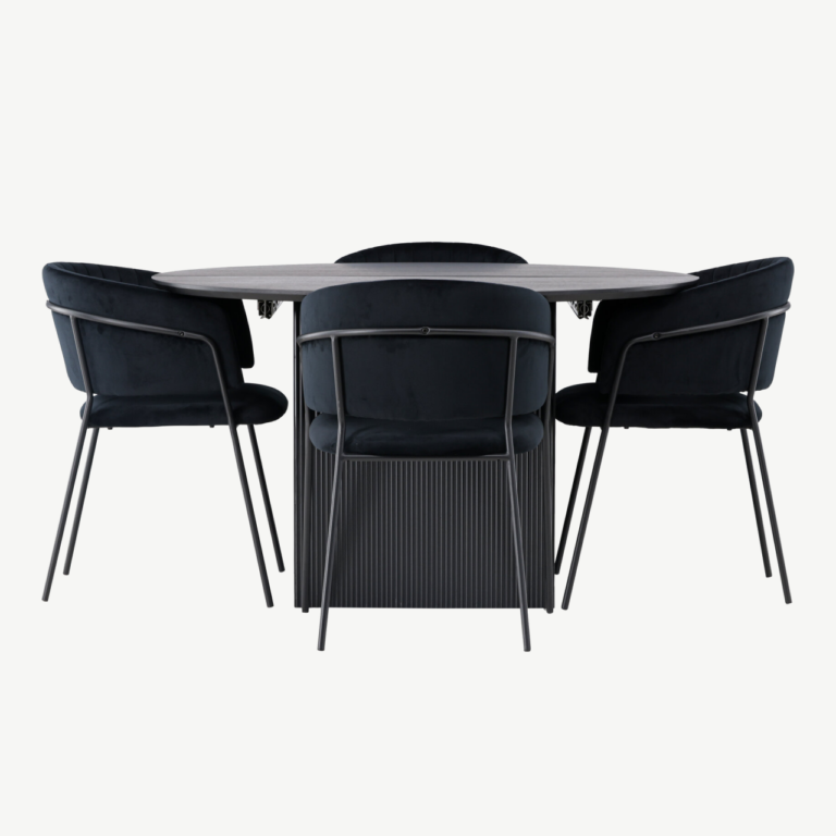 Ümmargune laiendatav söögilaud Matilda (must MDF, ø130cm) ja sametist söögitoolid Selma (must, 4 tk) - GR23537