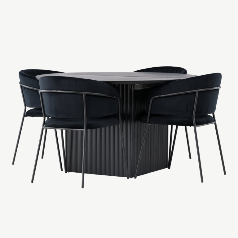 Ümmargune laiendatav söögilaud Matilda (must MDF, ø130cm) ja sametist söögitoolid Selma (must, 4 tk) - GR23537