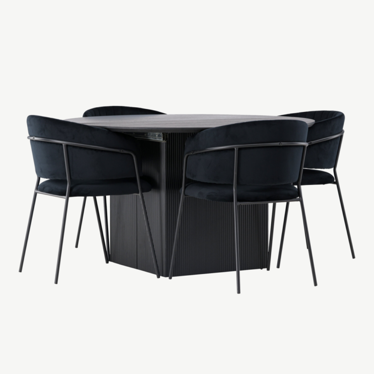 Ümmargune laiendatav söögilaud Matilda (must MDF, ø130cm) ja sametist söögitoolid Selma (must, 4 tk) - GR23537