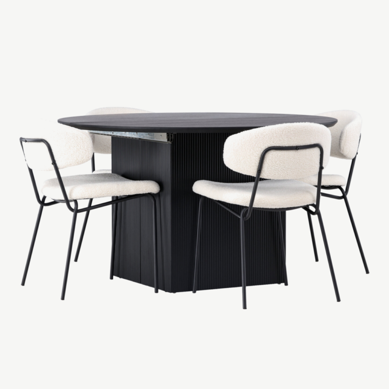 Ümmargune laiendatav söögilaud Matilda (must MDF, ø130cm) ja söögitool Chico (beež buklee, must teras) - GR23549