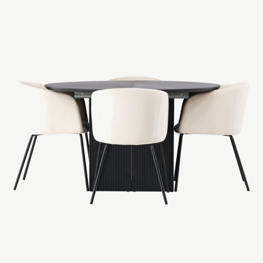 Ümmargune laiendatav söögilaud Matilda musta vineeriga ja beež söögitool Berit, GR23551 – 2