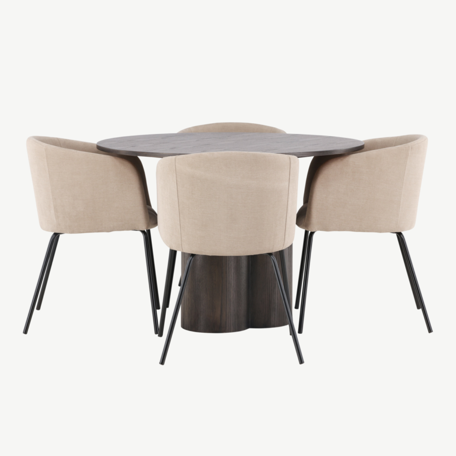Ümmargune mokatooni söögilauakomplekt Olivia, MDF laud ja polsterdatud beežid toolid, GR22880 – 2