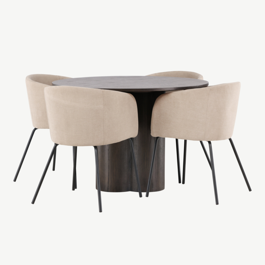 Ümmargune mokatooni söögilauakomplekt Olivia, MDF laud ja polsterdatud beežid toolid, GR22880 – 3