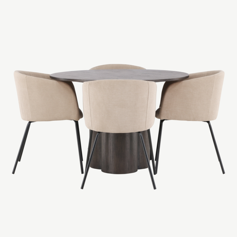 Ümmargune mokatooni söögilauakomplekt Olivia, MDF laud ja polsterdatud beežid toolid, GR22880 – 5