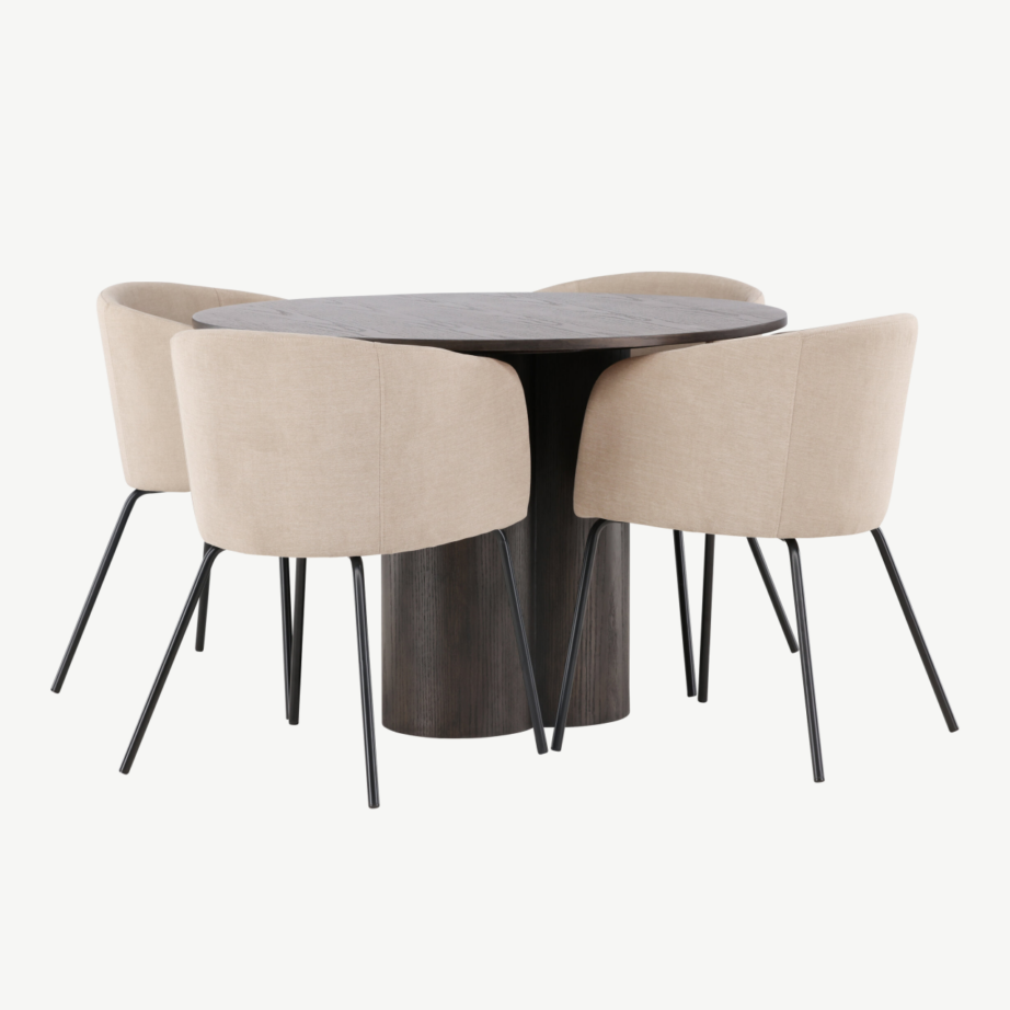 Ümmargune mokatooni söögilauakomplekt Olivia, MDF laud ja polsterdatud beežid toolid, GR22880