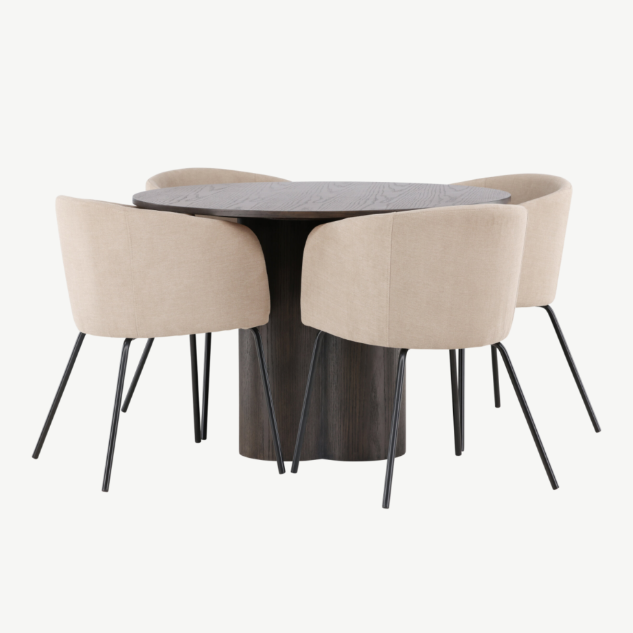 Ümmargune mokatooni söögilauakomplekt Olivia, MDF laud ja polsterdatud beežid toolid, GR22880 – 6