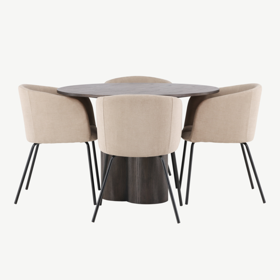 Ümmargune mokatooni söögilauakomplekt Olivia, MDF laud ja polsterdatud beežid toolid, GR22880 – 7