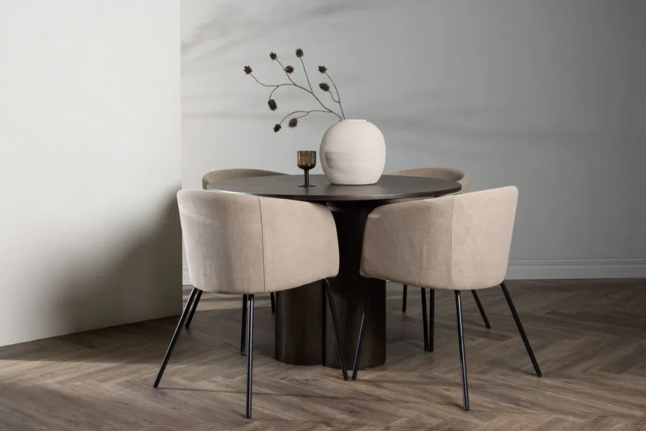 Ümmargune mokatooni söögilauakomplekt Olivia, MDF laud ja polsterdatud beežid toolid, GR22880 – 8